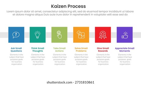 Infografía del proceso de Kaizen con la Pequeña insignia cuadrada Dirección correcta con 6 puntos de paso para el Vector de presentación de diapositivas
