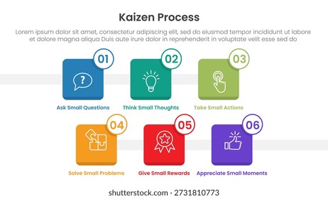 Infografía del proceso de Kaizen con el ícono de la caja cuadrada Horizontal con 6 puntos de paso para el Vector de presentación de diapositivas