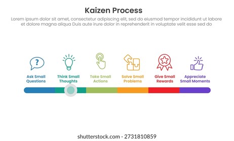 Infografía del proceso Kaizen con diapositiva de barra de estilo de línea de tiempo con 6 puntos de paso para el Vector de presentación de diapositivas