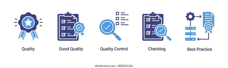 Kaizen quality icon set featuring quality control,inspection,and best practice concepts.Icon set focused on quality assurance,checking,and standardization processes for business and industrial use.
