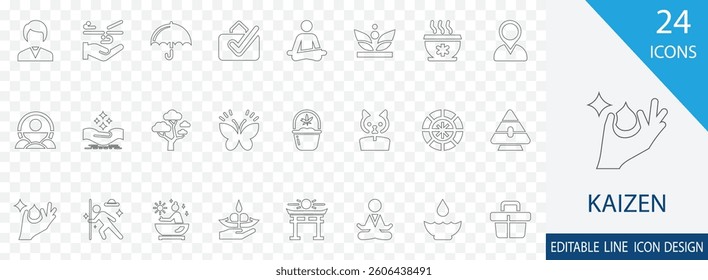 Kaizen thin line icon set. containing Improvement, Efficiency, Productivity, Process, Quality, Excellence, Growth and more line icon