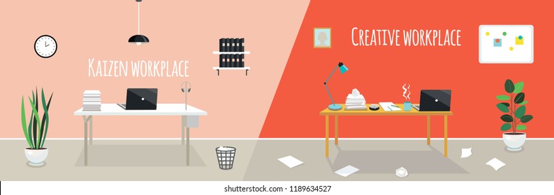 Kaizen work place and creative work place. Chaos or cleanness in your office room. Two styles of workplace organization. Order and disorder on the table. 