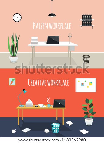 Kaizen work place and creative work place. Chaos or cleanness in your office room. Two styles of workplace organization. Order and disorder on the table. 