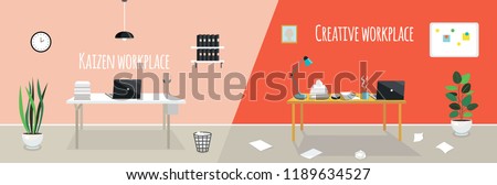 Kaizen work place and creative work place. Chaos or cleanness in your office room. Two styles of workplace organization. Order and disorder on the table. 
