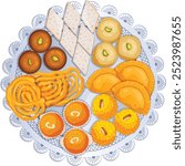 Kaju Katli, Gulab Jamun, Jalebi, Motichoor Laddu, Gujiya\Karanji, Basen Ladoo and Boondi Laddus on Silver Thali. Diwali Sweets Top View Illustration 