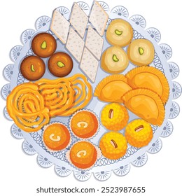 Kaju Katli, Gulab Jamun, Jalebi, Motichoor Laddu, Gujiya\Karanji, Basen Ladoo and Boondi Laddus on Silver Thali. Diwali Sweets Top View Illustration 