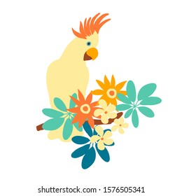 Kakadu parrot. Tropical bird design with exotic plants and flowers, cute fashion t shirt print, isolated on white background.