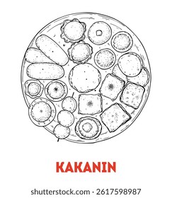 Kakanin hand-drawn sketch - Traditional Filipino rice desserts - Vector illustration. Top view