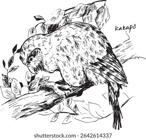 Ilustração de tinta de pássaro de Kakapo. Um pássaro agachado sobre um ramo de árvore vintage ilustração. Ave endêmica da Nova Zelândia. preto e branco desenhos de observação de pássaros da natureza do vetor. Fundo retrô.