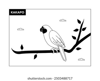 Kakapo bird seen from the side on a branch, black and white, outline, vector illustration.