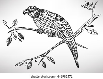 Kakapo. Hand-drawn with ethnic pattern. Coloring page - isolated on a white background. Zendoodle patterns. Vector illustration.