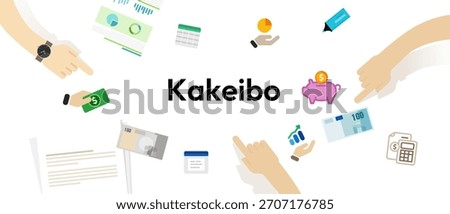 Kakeibo Japanese budgeting method concept hands interacting with financial icons mindful saving personal finance management and tracking expenses