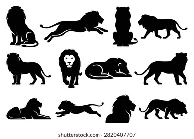 Kalahari Lion Silhouette Vector Set, African Wildlife Mascot Logo Icons and Poses Collection