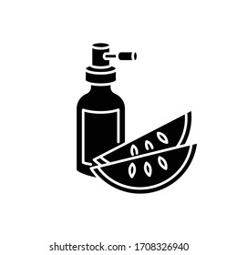 Kalahari melon seed oil black glyph icon. Dermatology product for haircare. Reparative essence. Organic eco cosmetic for hair treatment. Silhouette symbol on white space. Vector isolated illustration