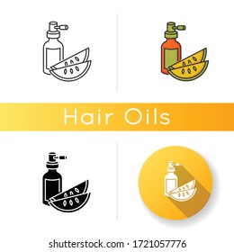 Kalahari melon seed oil icon. Dermatology product for haircare. Reparative essence. Organic eco cosmetic for hair treatment. Linear black and RGB color styles. Isolated vector illustrations