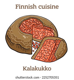 Kalakukko. Traditional food from the Finnish region of Savonia made from fish baked inside a loaf of bread..  Finnish food. Vector image isolated.