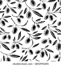 Kalamata olives sketch. Drawn seamless pattern. Vector black branch, fruits on white background. Graphic illustration in grunge style. Texture engraving. Greek organic food