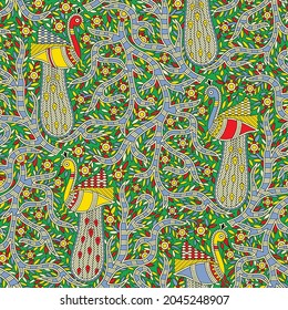 Kalamkari-Vogelumriss-Rahmenlinie Nahtlose Muster, Kalamkari, Vogelumriss-Rahmenlinie Nahtlose Muster