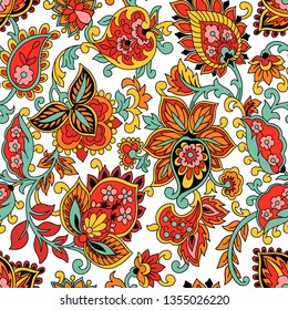 Kalamkari design traditional ornament, seamless pattern. Ornamental colourful image.for card, invitation, presentation template, notebook cover. Vector illustration Stock mehndi set fabric, print