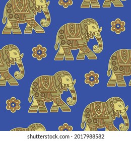 Kalamkari-Elephant, Nahtloses Muster für den Untergrund und den Druck auf den Stoffen, Vektormuster, Elephant-Muster