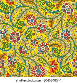 Kalamkari Flowers Outline Seamless Pattern, Kalamkari, Outline Seamless Paisley Pattern , Paisley