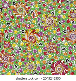 Kalamkari Flowers Outline Seamless Pattern, Kalamkari, Outline Seamless Pattern