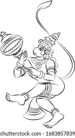 Kalamkari Indian traditional art on linen fabrics. Lord Hanuman in fighting pose, designs for textile printing