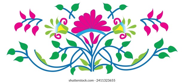 Kalamkari Indian traditional art on linen fabrics. Vector flower illustration. Illustration for post card, notebook.