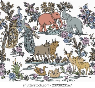 kalamkari pattern with animals, flowers and trees isolated. Vector.