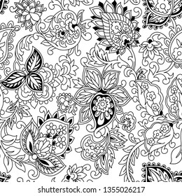 Kalamkari seamless pattern black and white outline  Ornamental design. Good for card, invitation, presentation template, notebook cover. Vector illustration. Page for the adult coloring book. Doodle