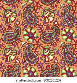 kalamkari Seamless Pattern , Paisley or Back ground And Printing on Fabric, Paisley