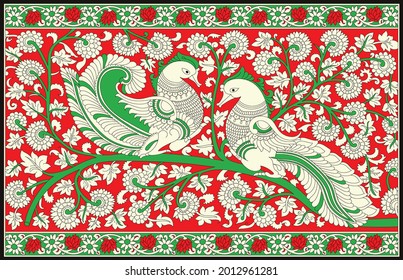 Kalamkari Swans Pallu, Swans on Tree Saree Pallu, Kalamkari Pallu.