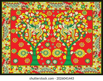 Kalamkari Tree Out Line Art For Back Ground Or Wallpaper, Kalamkari Pallu, swans on the tree .