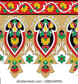 kalamkari vector border use outline and red, yellow, brown, black, green color.