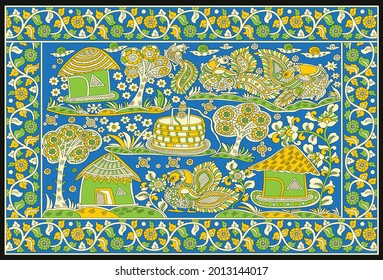 Kalamkari Village art Pallu, Village Outline, Swans and Peacock in Village OutLine Art