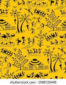 kalamkari Village Warli art Seamless Pattern For Back ground And Printing on Fabric, Warli kalamkari Village art