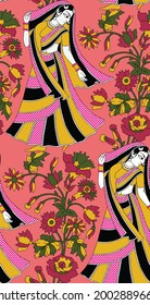 kalamkari woman with Flowers Seamless Pattern For Back ground And Printing on Fabric, woman with Flowers 