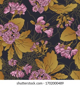 Kalanchoe. Leaves. Vegetation. Seamless vector pattern with flowers. Hand drawing.