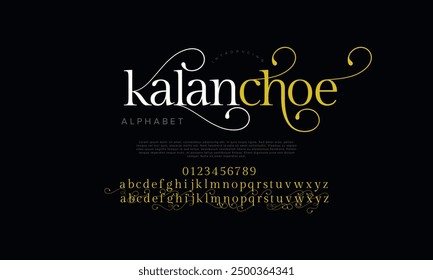 Kalanchoe swash letras elegantes de lujo del alfabeto y números. Antiguas tipografía de boda clásica serif fuente decorativa vintage retro. Ilustración vectorial creativa