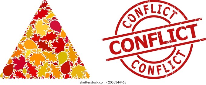 Icono de la composición de advertencia de armas Kalashnikov diseñado para la temporada de otoño, y sello de limpieza de conflictos. El mosaico de advertencia de cañones Vector kalashnikov está diseñado a partir de hojas de arce y roble de caída aleatorias.