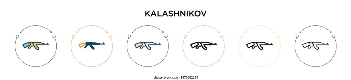 Icono de Kalashnikov con estilo relleno, delgado, contorno y trazo. Ilustración vectorial de dos iconos vectores de kalashnikov de color y negro se puede usar para móviles, ui, web