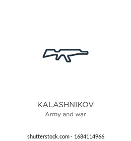 Icono de Kalashnikov. Icono de esquema delgado lineal kalashnikov aislado en fondo blanco del ejército y colección de guerra. Signo vectorial de línea, símbolo para web y móvil
