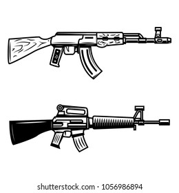 Kalashnikov, M16 automatic rifle. Design element for emblem, sign, poster, t shirt. Vector illustration