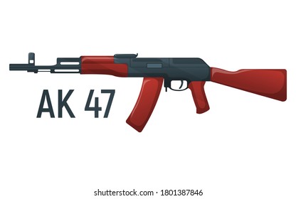 Kalashnikov Military Rifle, Icon Self Defence Automatic Weapon Concept Cartoon Vector Illustration, Isolated On White. Shooting Gun, Protection Type Of Firearms With Text.