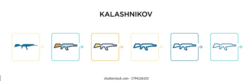 Icono vector Kalashnikov en 6 diferentes estilos modernos. Íconos de kalashnikov de color negro, diseñados con un estilo relleno, contorno, línea y trazo. La ilustración vectorial se puede usar para web, móvil, ui