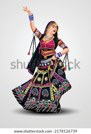 Kalbeliya Indian Traditional dress of Rajastan with cultural dance by cute girl. vector illustration