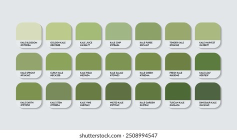 Paleta de cores Kale, paleta de guia de cores verde Kale com nomes de cores. Catálogo Amostras de cores de Metal Verde com códigos RGB HEX. plástico, pintura, natureza Cor verde, Moda Tendência Kale Cor tons de sombra