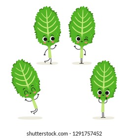 Kale. Cute Cartoon Vegan Protein Food Vector Character Set Isolated On White