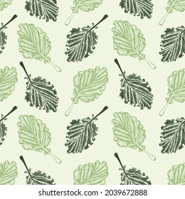 Kale leaves silhouettes hand drawing seamless pattern. Vector illustration superfood vegetable for good health.