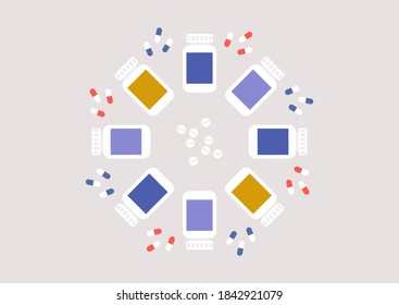 Abstraktes Kaleidoskop-Muster aus Tabletten und Kapseln, Antidepressiva-Behandlung, Coronavirus-Mittel